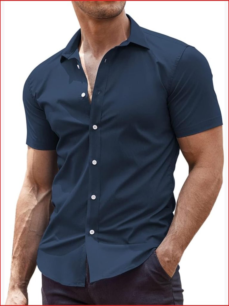 Muscle Fit Wrinkle-Free Short Sleeve Button Down Dress Shirt With 4-Way Stretch
